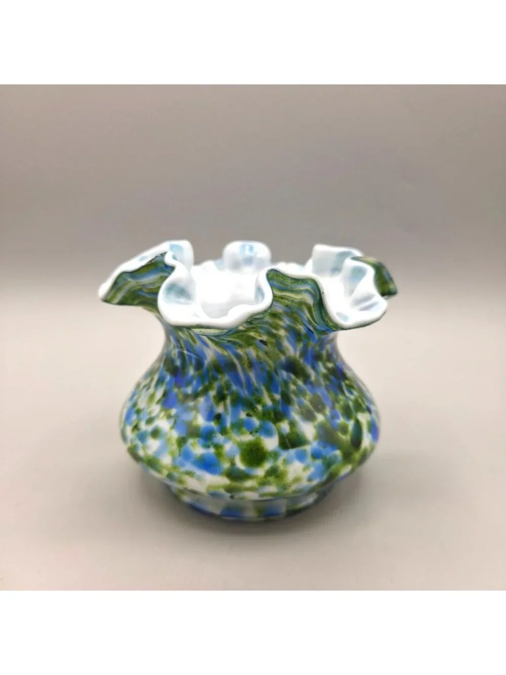 1960s Fenton Vasa Murrhina Blue Green Aventurine Ruffled Spatter Glass Vase